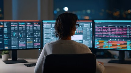Medium shot of an employee interacting with dual monitors displaying firewall settings symbolizing realtime threat detection in enterprise cybersecurity.