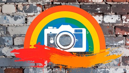 Colorful camera icon on a brick wall