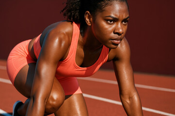 Focused female athlete preparing for race, crouched at starting line on outdoor running track, intense determination