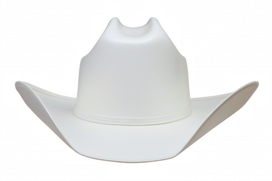 Classic white cowboy hat with flat brim and pinched crown on transparent background