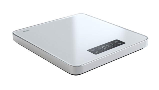 Modern, square, white appliance angled