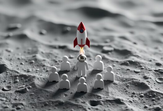 Rocket launching above astronaut figurine group