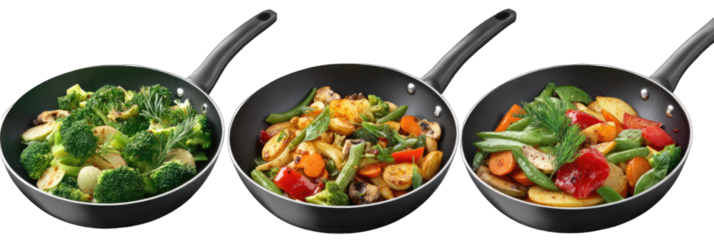 Three wok pans filled with stir-fried vegetables