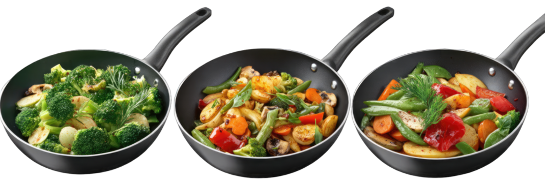 Three wok pans filled with stir-fried vegetables