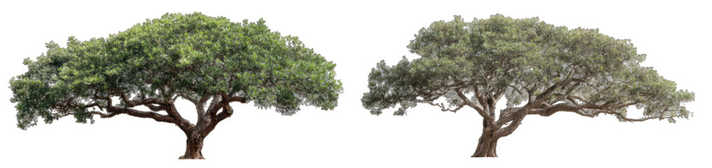 Two large trees against black background