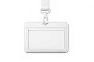 Blank white identification badge dangling from neck cord, transparent backdrop highlighting mockup design potential