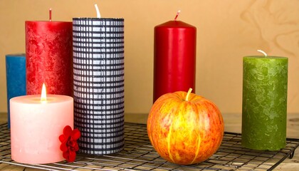 Colorful candles and apple on wire rack