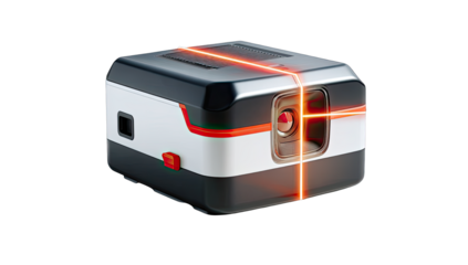 3D rendering of a cube-shaped device with a camera and laser lines