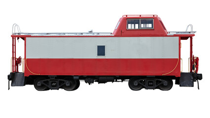 Red and white railroad train caboose isolated on a blank background 