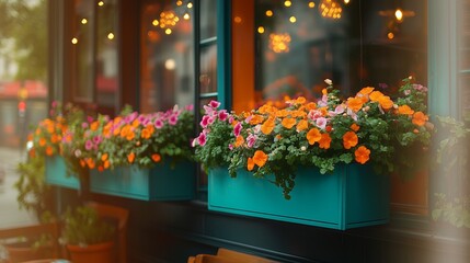 Fototapeta premium Window boxes filled with orange and pink flowers adorn a building facade with lights above it