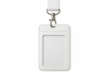 Vertical badge mockup dangling from white strap, isolated on transparent background, displaying professional identification credentials