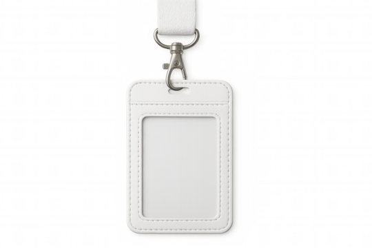 Vertical badge mockup dangling from white strap, isolated on transparent background, displaying professional identification credentials