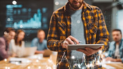 Focused digital strategist presenting SEO graphs on a tablet the rest of the marketing team blurred and engaged in discussion around a conference table.