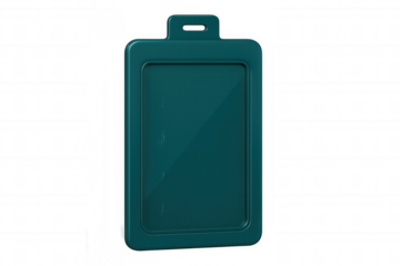 Vertical teal blank badge holder against transparent backdrop, displaying professional credentials