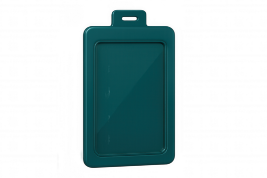 Vertical teal blank badge holder against transparent backdrop, displaying professional credentials