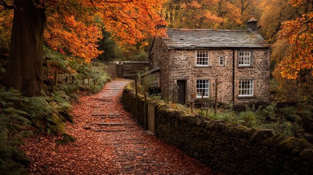 Autumnal path leading to a stone cottage nestled within a forest of vibrant foliage