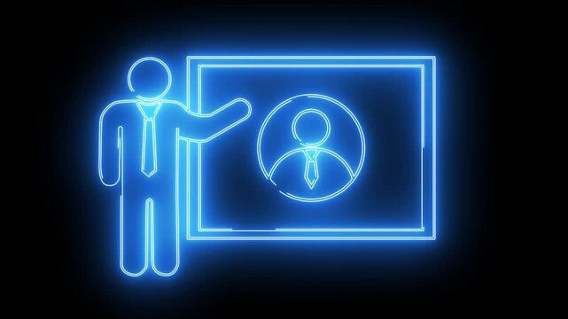 employee icons and presentation icons on screen with neon effect