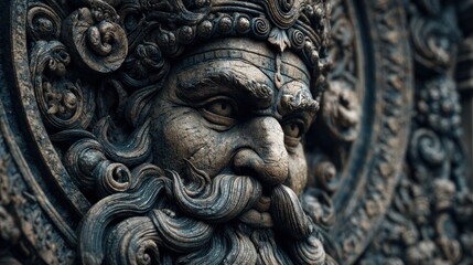 A Majestic Stone Carving of an Ancient Mythological Deity or Ruler