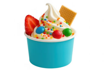 Delicious frozen yogurt decorated with sprinkles, wafer, and strawberry on transparent background