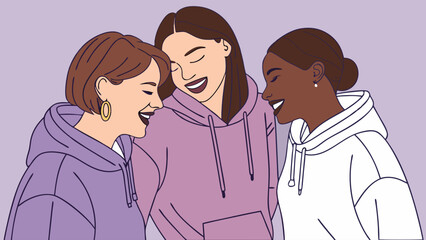 Fototapeta premium Three Smiling Women in Hoodies Close Together.