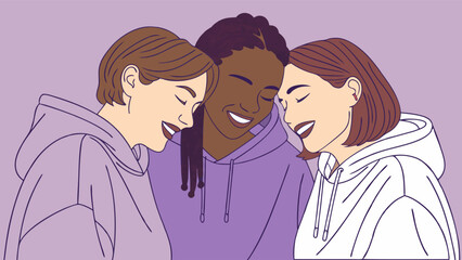 Obraz premium Three Women in Close Embrace Smiling Wearing Hoodies.