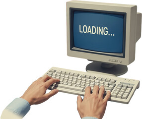 Person's hands typing on a vintage computer keyboard with screen displaying LOADING text collage art transparent background