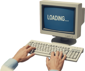 Person's hands typing on a vintage computer keyboard with screen displaying LOADING text collage art transparent background