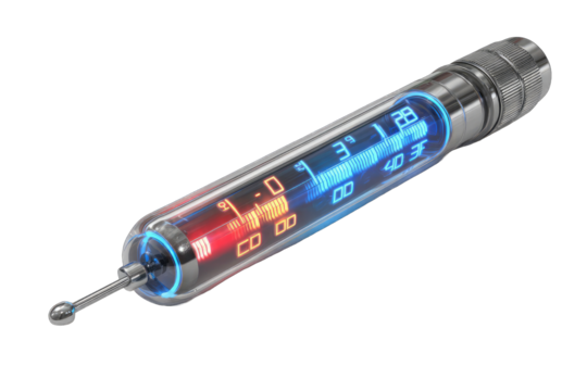 Futuristic, glowing thermometer