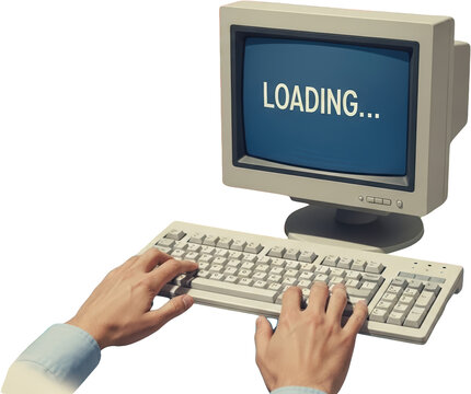 Person's hands typing on a vintage computer keyboard with screen displaying LOADING text collage art transparent background