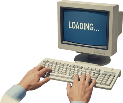 Person's hands typing on a vintage computer keyboard with screen displaying LOADING text collage art transparent background - Powered by Adobe