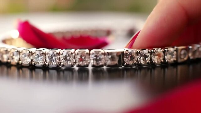 Close-up video of a woman's hand delicately adjusting a sparkling diamond tennis bracelet, showcasing its brilliant facets against a dark reflective surface with red