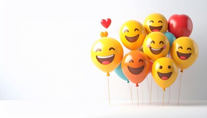 A Joyful Bunch of Smiling Emoji Balloons with a Floating Heart on a Minimalist White Wall.