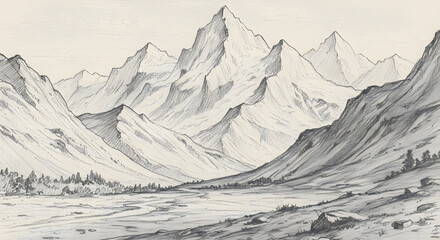Majestic Mountain Range: A serene monochrome sketch captures the grandeur of a towering mountain range, showcasing its rugged peaks and the vastness of the surrounding landscape.