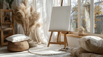 Sunlit Artist Studio Interior Design Boho Chic Workspace With Blank Canvas, Wooden Easel, Pampas Grass, And Neutral Color Palette.  A Serene And