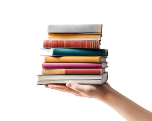 A hand holding a stack of books