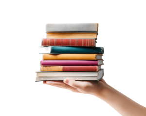 A hand holding a stack of books