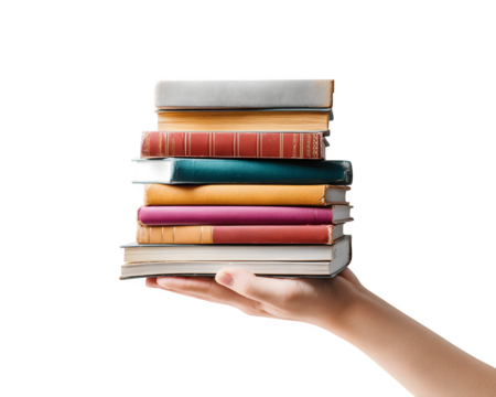 A hand holding a stack of books