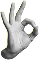 Close up of a human hand forming the ok sign with thumb and index finger joined isolate collage art gesture