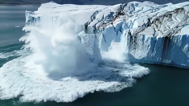 Aerial drone video of a glacier calving, a large piece of ice breaking off and splashing into the ocean, creating a dramatic, cold, white explosion against a backdrop of