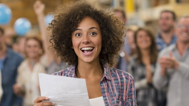 Medium shot of an excited firsttime voter exiting a polling booth confidently holding ballot paper with a softly blurred crowd celebrating in back.