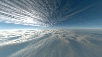 Medium shot displaying fastmoving stratocumulus clouds stretching across the sky central cloud texture pinsharp peripheral sky softly diffused.