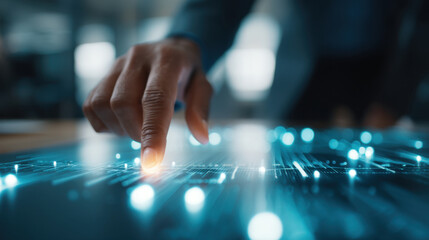 Hand interacts with digital interface, showcasing technology and innovation. glowing points of light represent data and connectivity, evoking sense of advancement and exploration in digital realm