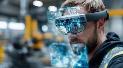 Engineer using augmented reality glasses to view factory digital twin hologram medium shot focusing on holographic interface with blurred tools and machinery behind.