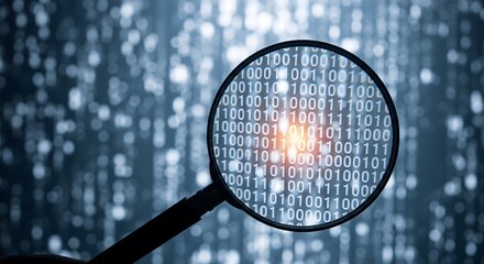 A magnifying glass focusing on glowing binary code (ones and zeros) against a background of cascading digital data, representing data analysis, cybersecurity, and code audit.