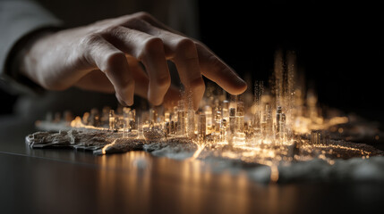 Hand interacts with glowing, intricate city model, showcasing blend of technology and creativity. illuminated structures create captivating atmosphere, highlighting urban design and innovation