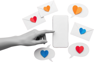 Hand interacting with smartphone surrounded by envelopes and speech bubbles with colorful paper hearts isolate