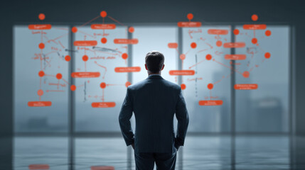 Fototapeta premium Businessman in suit stands in front of large glass window, analyzing complex data visualizations and flowcharts. atmosphere conveys sense of focus and strategic planning