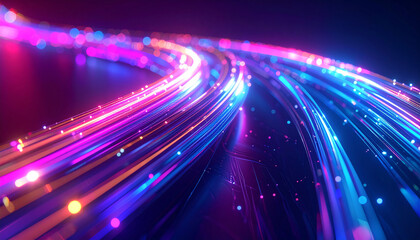Fototapeta premium Data Streams of Light: A stunning digital rendering showcases vibrant, dynamic light trails, weaving and flowing across a sleek, dark backdrop.