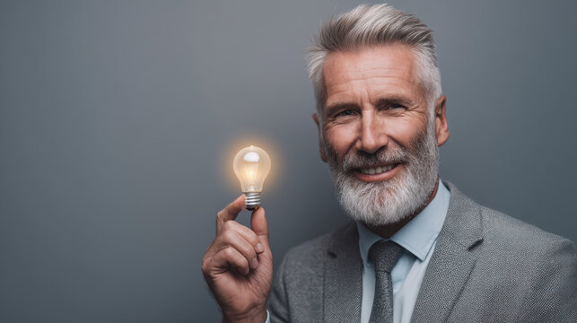 Smiling older man with beard holds glowing light bulb, symbolizing ideas and innovation. He wears suit and stands against gray background, exuding confidence and creativity