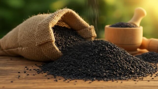 Black seeds spilling from burlap sack with wooden mortar food ingredient still life